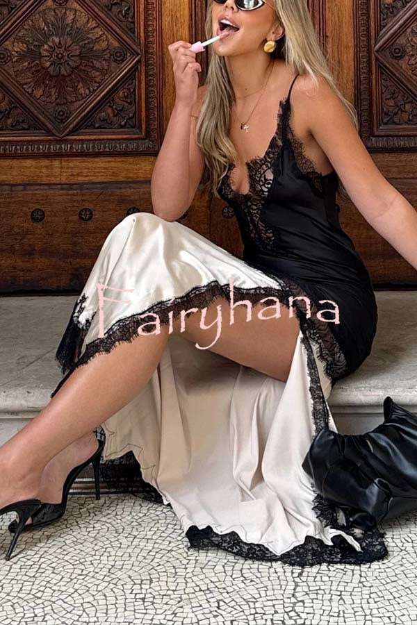 Soft and Romantic Satin Lace Trim Colorblock V-neck Side Slit Maxi Dress