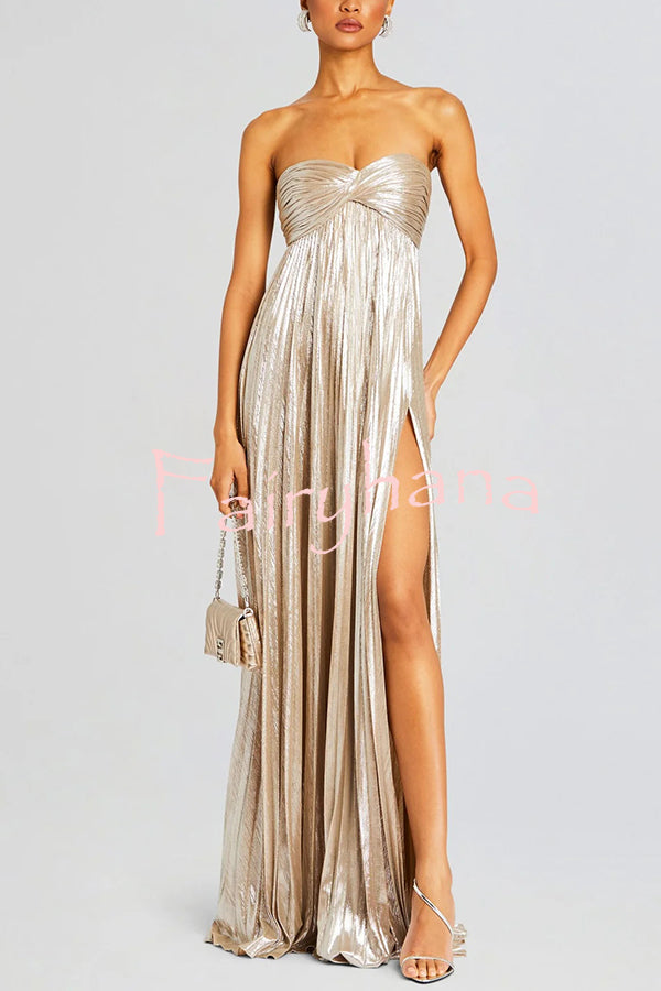 Metallic Sexy Tube Top Pleated High Slit Maxi Dress