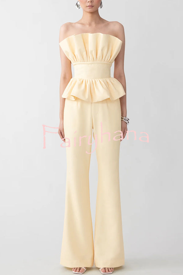Every Occasion Crepe Panel Ruffles Strapless Top and High Rise Pocketed Flare Pants Set