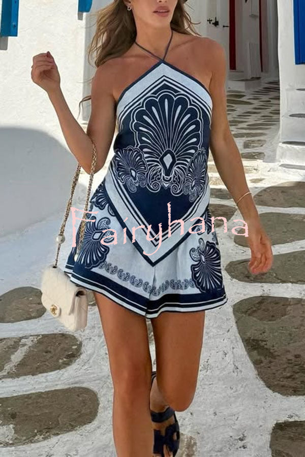 Jiya Linen Blend Unique Print Halter Scarf Tank and Elastic Waist Pocket Shorts Set