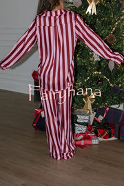 Courtney Satin Colorblock Striped Loose Shirt and Elastic Waist Pocketed Pajama Set