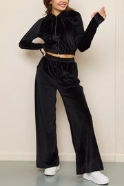 Solid Color Velvet Hooded Zip-up Sweatshirt and Elastic Waist Casual Pocket Straight-leg Pants Set