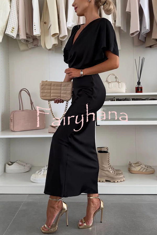 Satin Solid Color V-neck Cross Knot Slim Maxi Dress