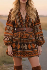 Bohemian Unique Print Long Sleeve Belted Mini Dress