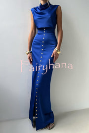Solid Color Casual Sleeveless Crop Top and Elegant Button-down Maxi Skirt Set