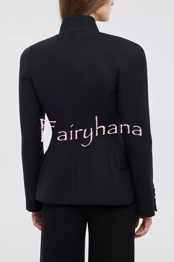 Classic Luxury Unique Metal Button Stand Collar Long Sleeve Jacket
