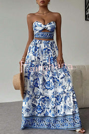 Floral Print Cutout Bandeau Top and Elastic Waist Full Maxi Skirt Set