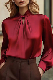 Solid Color Satin Long Sleeve Hollow Elegant Shirt