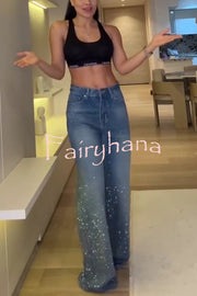 Fashion Star Rhinestone High Rise Casual Pocket Straight Loose Jeans
