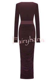 Sexy See-through Long-sleeved V-neck Pleated Slim-fit Maxi Dress