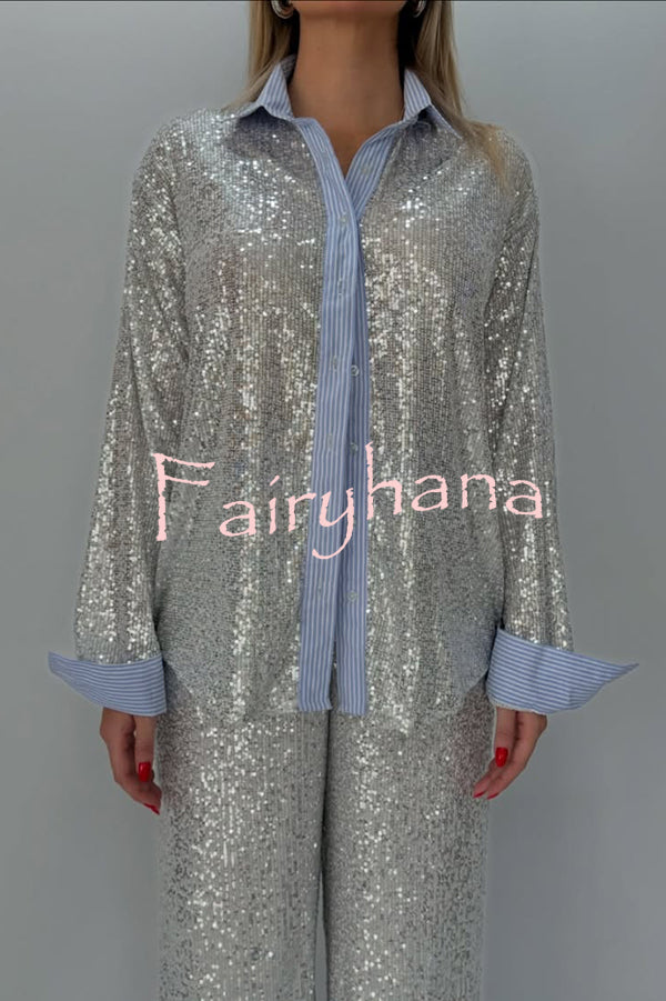 Fashion Sequined Loose Long-sleeved Shirt and Casual Elastic Waist Wide-leg Pants Set