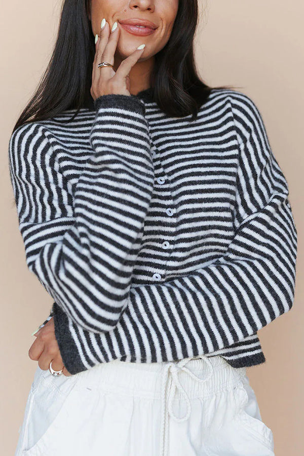 Fashionable Contrast Striped Casual Long-sleeved Knitted Cardigan