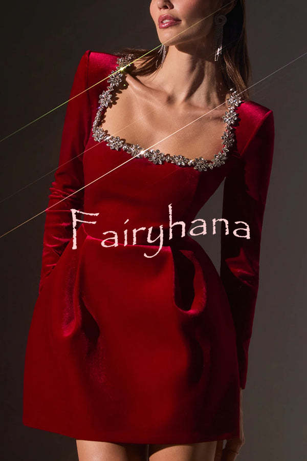 Endless Celebration Velvet Jewel Embellished Trim Long Sleeve Pocketed Mini Dress