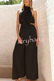 Solid Color Resort Style Halter Neck Waist Pocket Wide Leg Jumpsuit