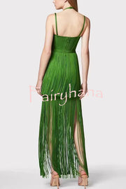 Sexy Halterneck Open Back Elegant Tassel Slim Maxi Dress