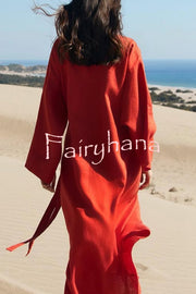 Linen Blend Solid Color Casual Lapel Tie Loose Maxi Dress