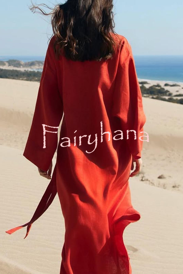 Linen Blend Solid Color Casual Lapel Tie Loose Maxi Dress