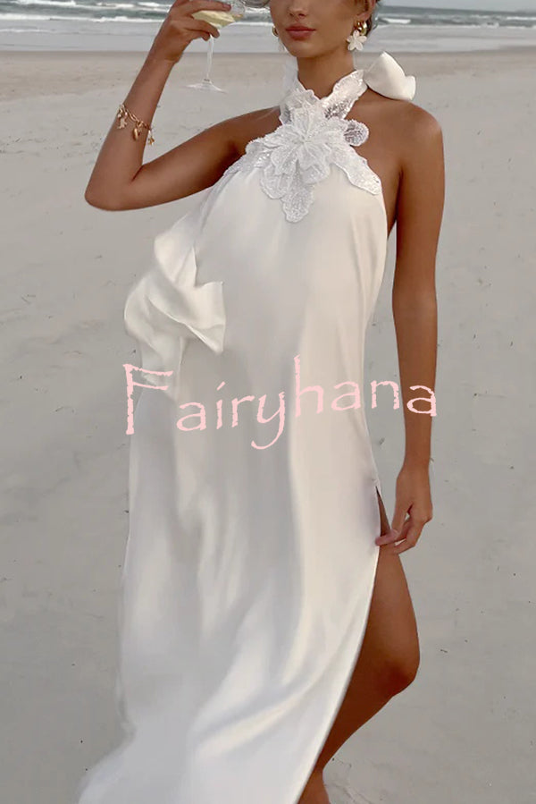 Floral Embellished Satin Halterneck Backless Resort Maxi Dress