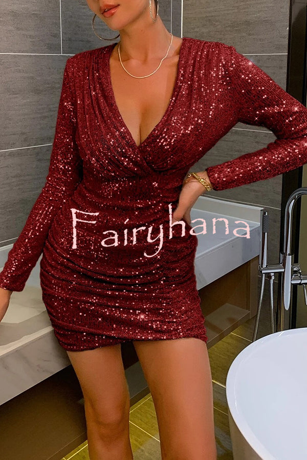 V Neck Wrap Hip High Waist Sequin Mini Dress