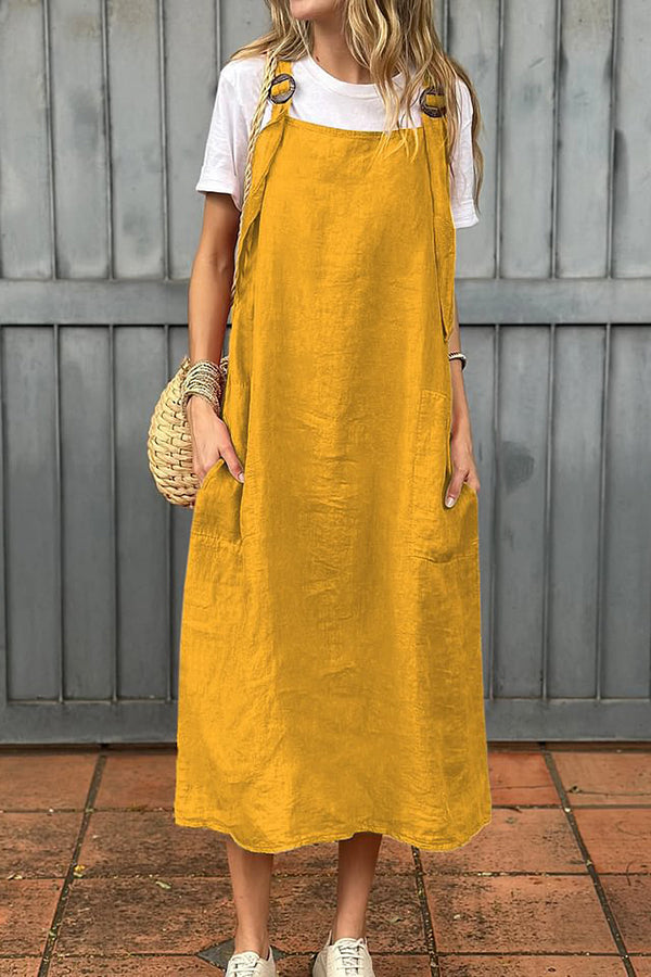 Linen Blend Fashion Adjustable Straps Casual Pocket Midi Dress