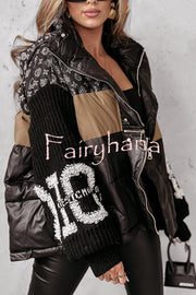 Stylish Denim Knit Long-sleeved Patchwork Hooded Pocket Thickened Jacket