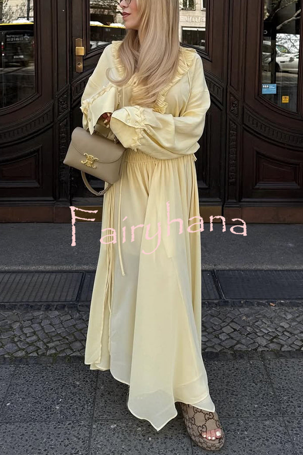 Solid Color Pleated Ruffled Tie Long Sleeve Loose Shirt