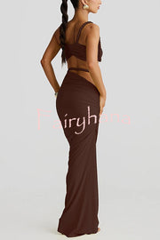 Sexy Halter Back Braided Suspender Top and Beach Holiday Style Hip-wrapped Maxi Skirt Set