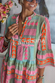 Just My Type Linen Blend Colorful Ethnic Print Bell Sleeve Babydoll Mini Dress