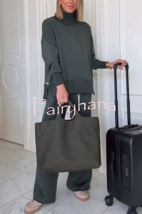 Barker High-Neck Long Sleeve Side Zipper Sweatshirt and Elastic Waist Pocketed Loose Pants Set