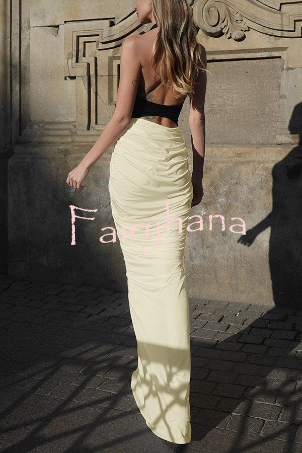 Fashionable Contrast Color Open Back Side Pleated Draped Maxi Dress