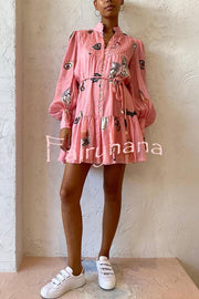 Unique Print Single Breasted Balloon Sleeve Tie Waist Ruffled Mini Dress
