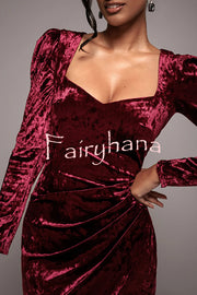 Solid Color Velvet Long-sleeved Slim-fit Slit Midi Dress