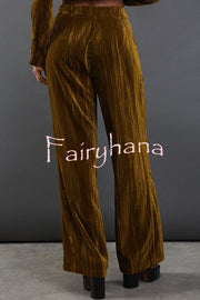 Solid Color Velvet Long-sleeved Waist Tie Top and Elastic Waist Casual Pocket Straight-leg Pants Set