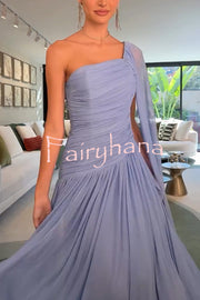 End of Light Chiffon One Shoulder Single-sleeve Shawl Ruched Maxi Dress