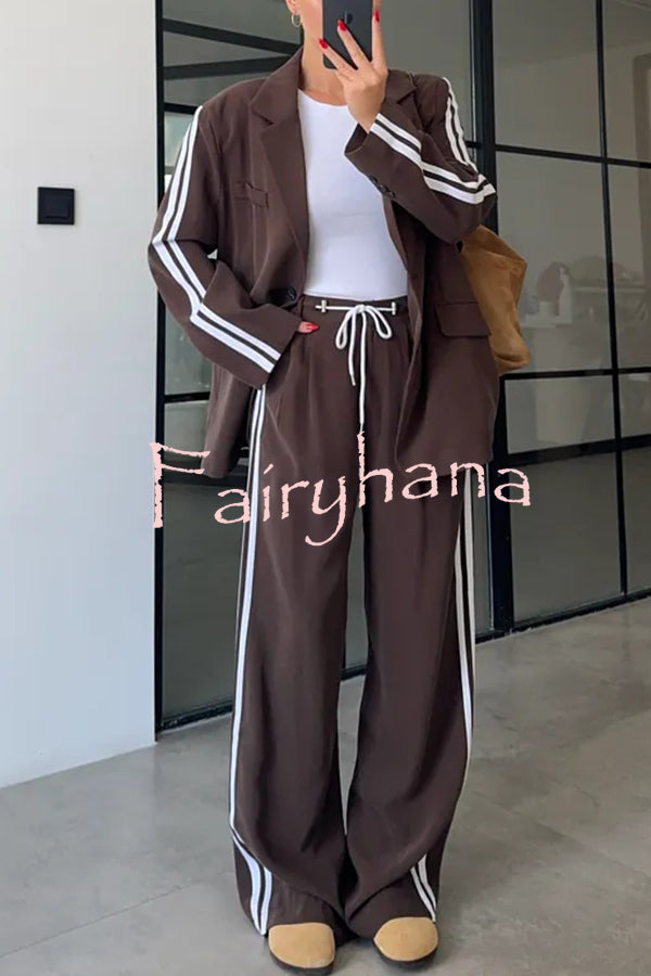 Levvie Striped Trim Long Sleeve Lapel Blazer and Rope Belt Pocketed Wide Leg Pants Set