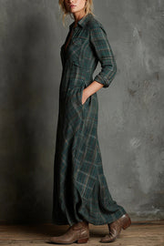 Plaid Print Lapel Long Sleeve Casual Pocket Single-Breasted Maxi Dress