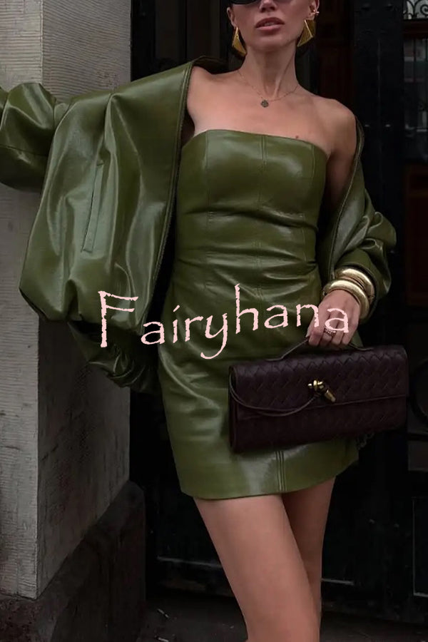 Sexy Tube Top Back Zipper Slim Leather Mini Dress