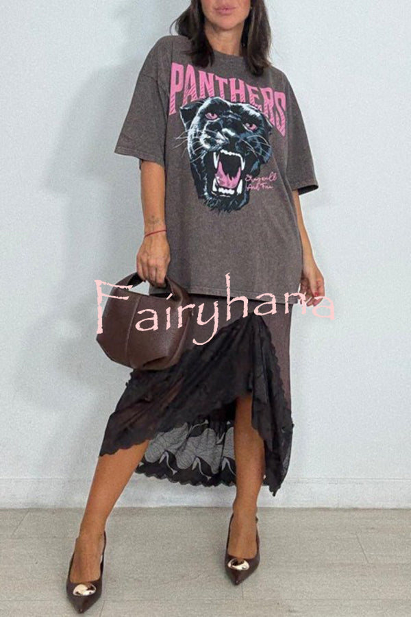 Rolen Satin Lace Patchwork Elastic Waist Irregular Hem Midi Skirt