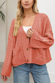 Solid Color Loose V-neck Long-sleeved Casual Pocket Knitted Cardigan