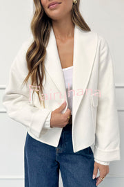 Comfortable Season Shawl Collar Open-front Long Sleeve Flap Pockets Crop Coat