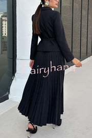 Solid Color Lapel Button Belt Blazer and Pleated Casual Maxi Skirt Set
