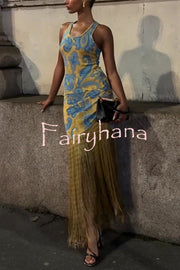 Unique Print Sleeveless Fitted Fringed Hem Maxi Dress