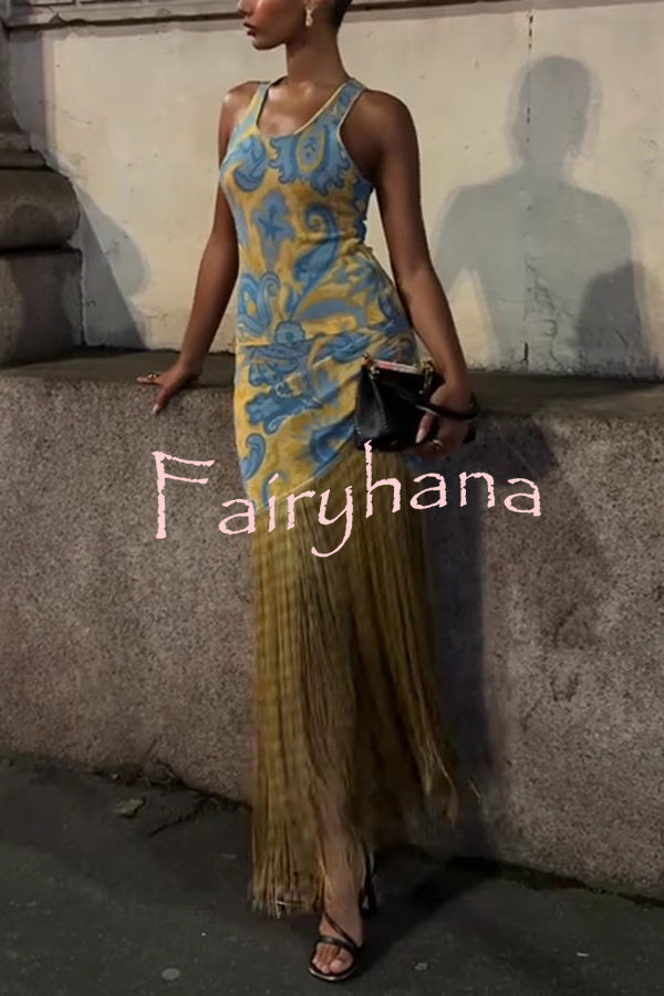 Unique Print Sleeveless Fitted Fringed Hem Maxi Dress