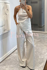 Moriah Striped Thin Strap Halter Neck Scarf Top and Pocketed Wide Leg Pants Set