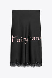 Dolly Satin Lace Trim Mid Rise Slit Drape Midi Skirt