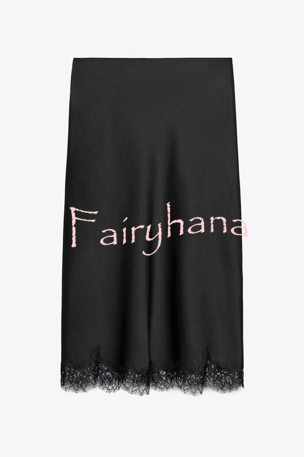 Dolly Satin Lace Trim Mid Rise Slit Drape Midi Skirt