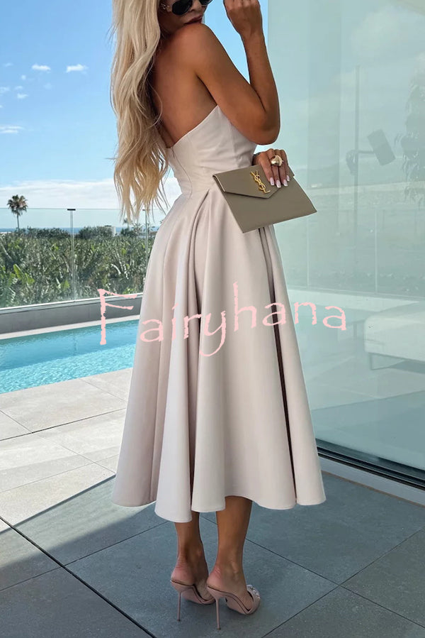 Sweet Cascade Solid Color Off Shoulder Pocket Full Hem Midi Dress