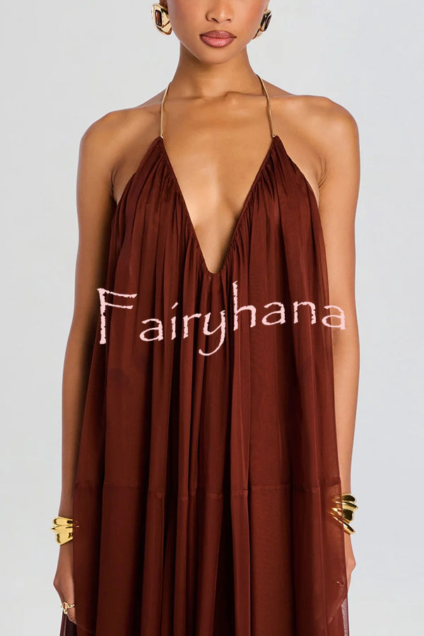 Flowing Lightweight Chiffon Chain Halter Neck Detail Backless A-line Maxi Dress