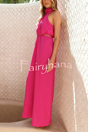 Solid Color Resort Style Halter Neck Waist Pocket Wide Leg Jumpsuit