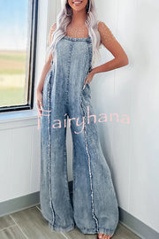 Vintage Washed Denim Raw Edge Elastic Waist Wide Leg Jumpsuit
